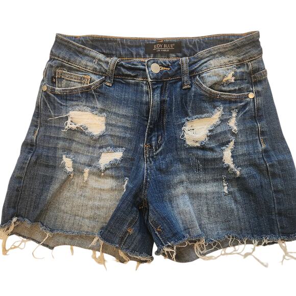 Judy Blue Destroyed Denim Jean Shorts, 3" Inseam, size small, zip & button close - Picture 1 of 9